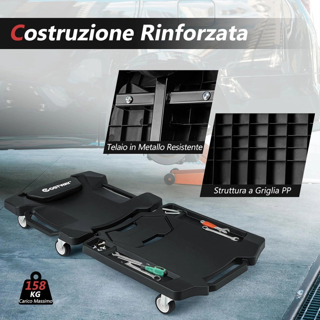 COSTWAY Carrello Sotto Auto Pieghevole, Lettino Sottomacchina da Meccanico con Poggiatesta Imbottito e Vassoio Portautensili, Portata 158 kg, Sdraio da Officina con Ruote per Garage e Riparazioni Auto