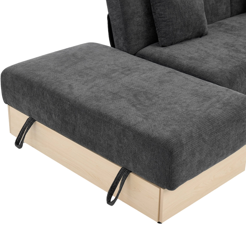 Divano letto grigio in chenille con contenitore e schienale regolabile