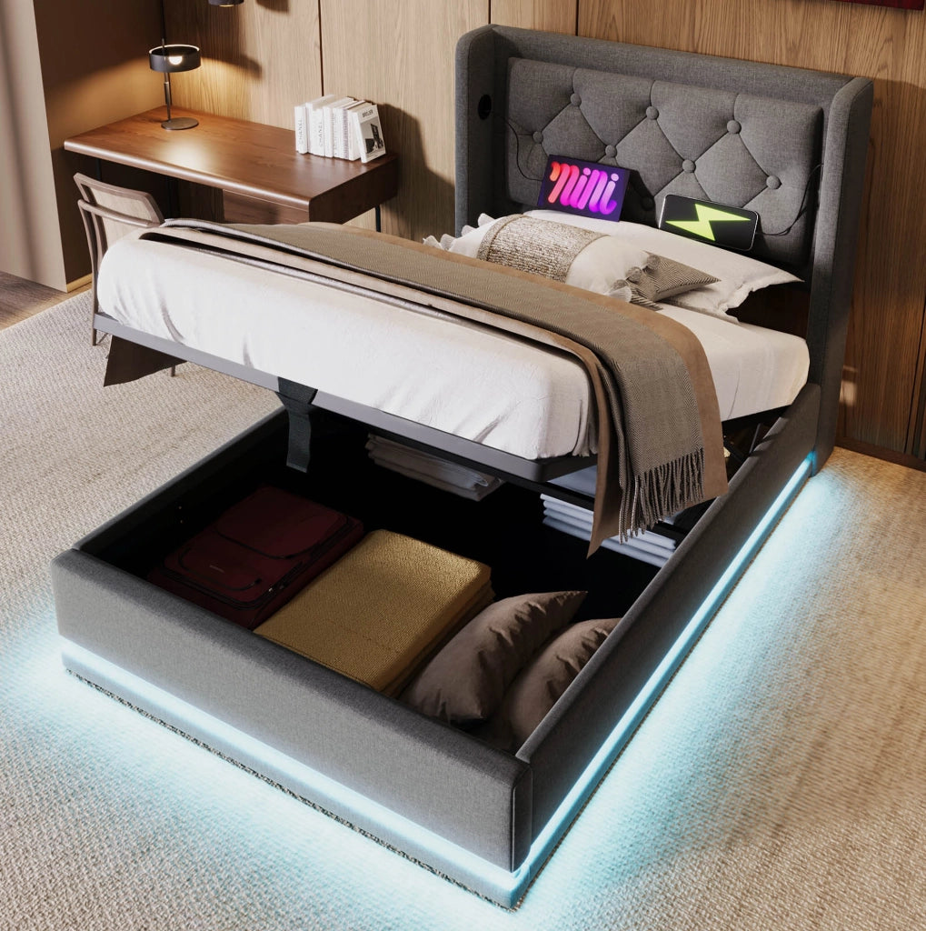 Letto singolo imbottito 90x200 cm in cotone grigio con contenitore; USB e LED