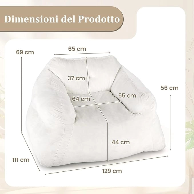 Pouf Poltrona Sacco, Divano Pigro di Peluche con Rivestimento in Velluto Morbido e Fondo Antiscivolo, Divano da Pavimento Imbottito per Soggiorno, 129 x 111 x 69 cm