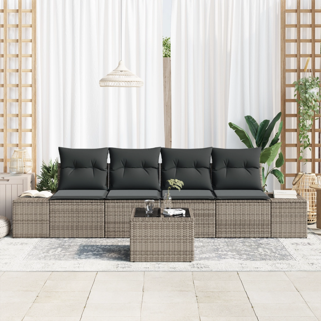 Set Divani Giardino di 5 Pezzi con Cuscini Grigi in Polyrattan
