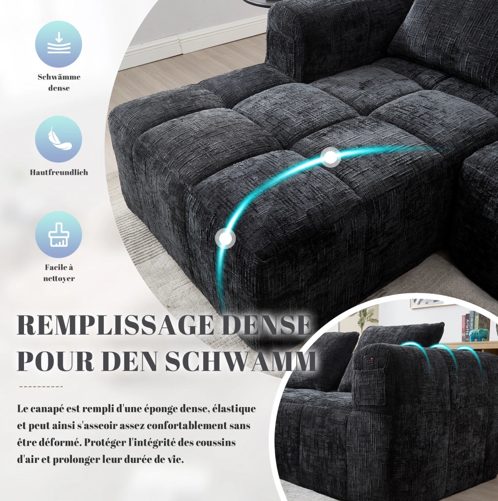 Divano modulare a L, 3 posti, tessuto chenille nero, con chaise longue e braccioli, 3 cuscini inclusi