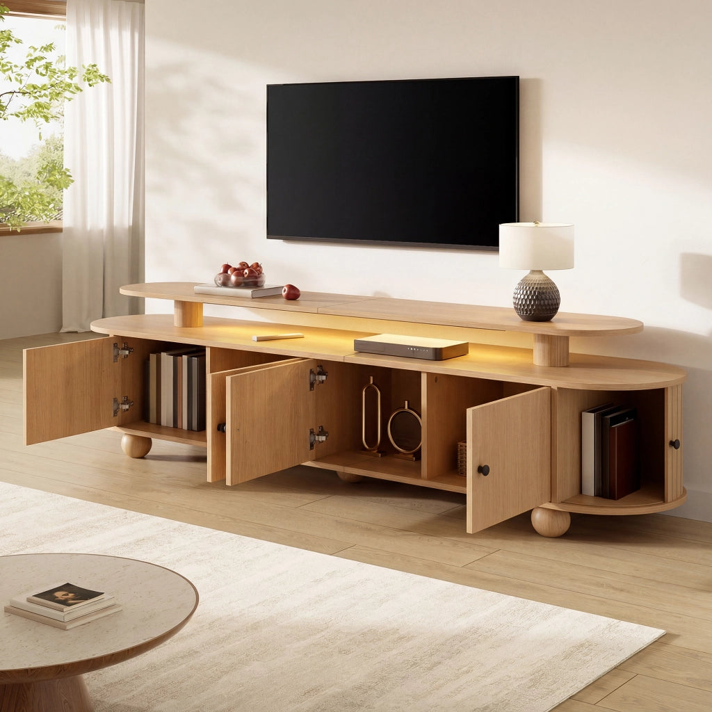 Mobile TV con 4 ante e 2 ante scorrevoli; illuminazione LED; passacavi - per soggiorno - 180x40x48 cm - in MDF e metallo - naturale
