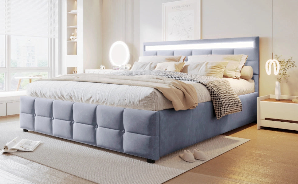DESMIU Letto contenitore 180 × 200 cm 2 posti con LED, rete sollevabile, senza materasso, in velluto, grigio