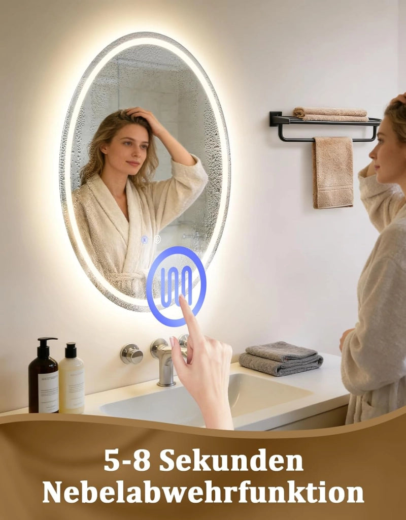 ZMH Specchio da bagno ovale con illuminazione LED 50x70 cm a parete IP44 touch antiappannamento dimmerabile 3000K-6500K