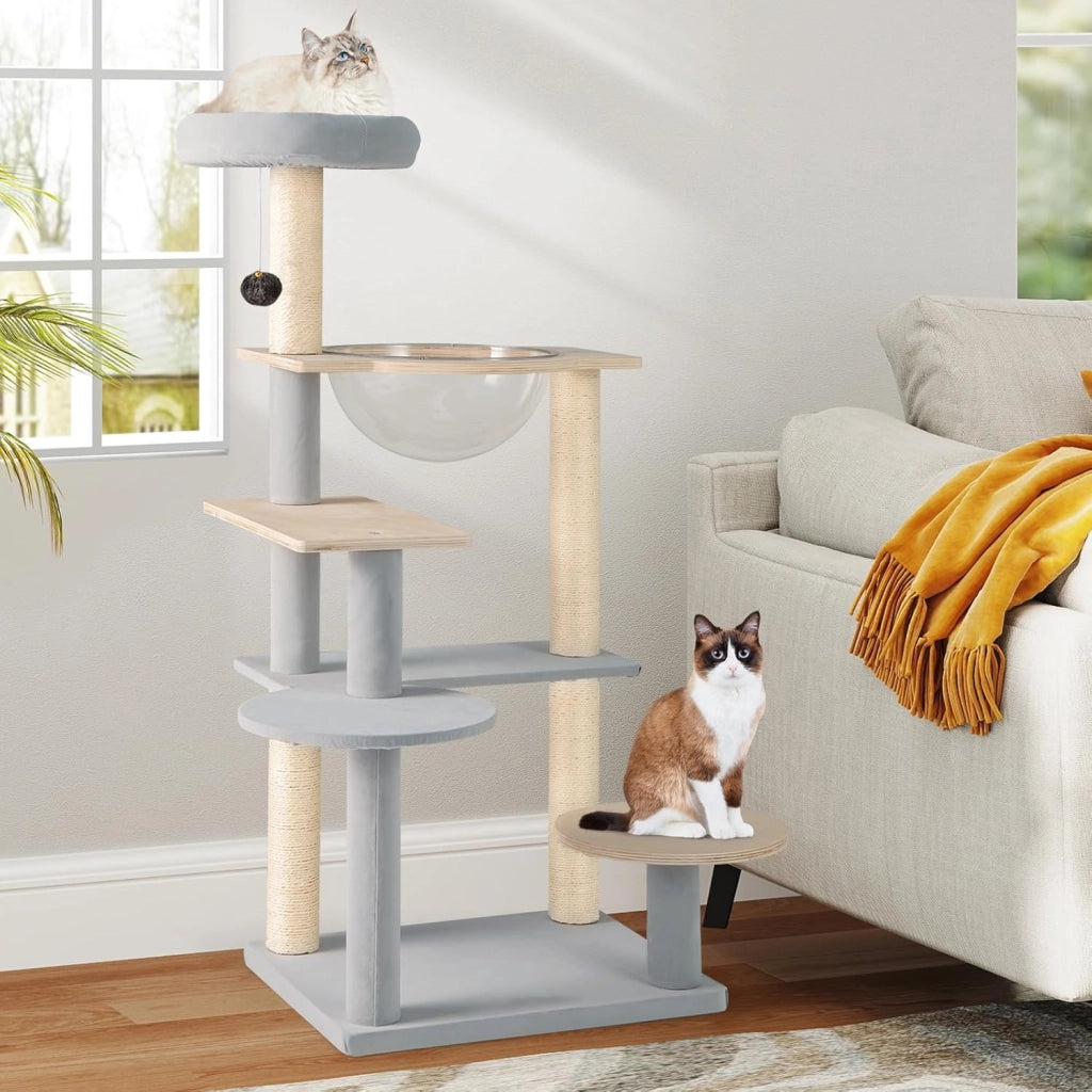 Tiragraffi per Gatto Alto 113 cm con Capsula Spaziale, Albero Tiragraffi Gatti con 4 Pali in Sisal, Piattaforme, Trespolo e Pompon, Torre Gatto in Legno Solido, Naturale e Grigio