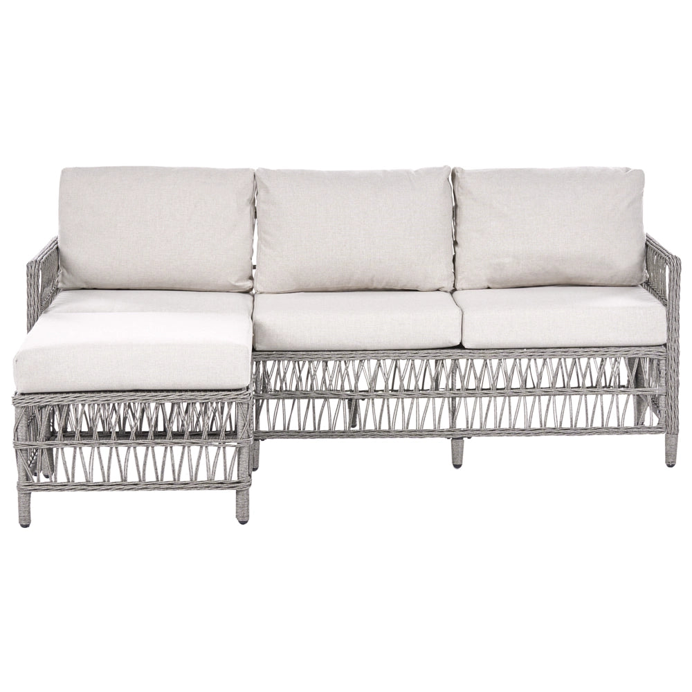 Divano da giardino angolare con pouf in rattan PE grigio a 3 posti divano da esterno in vimini intrecciato stile tradizionale