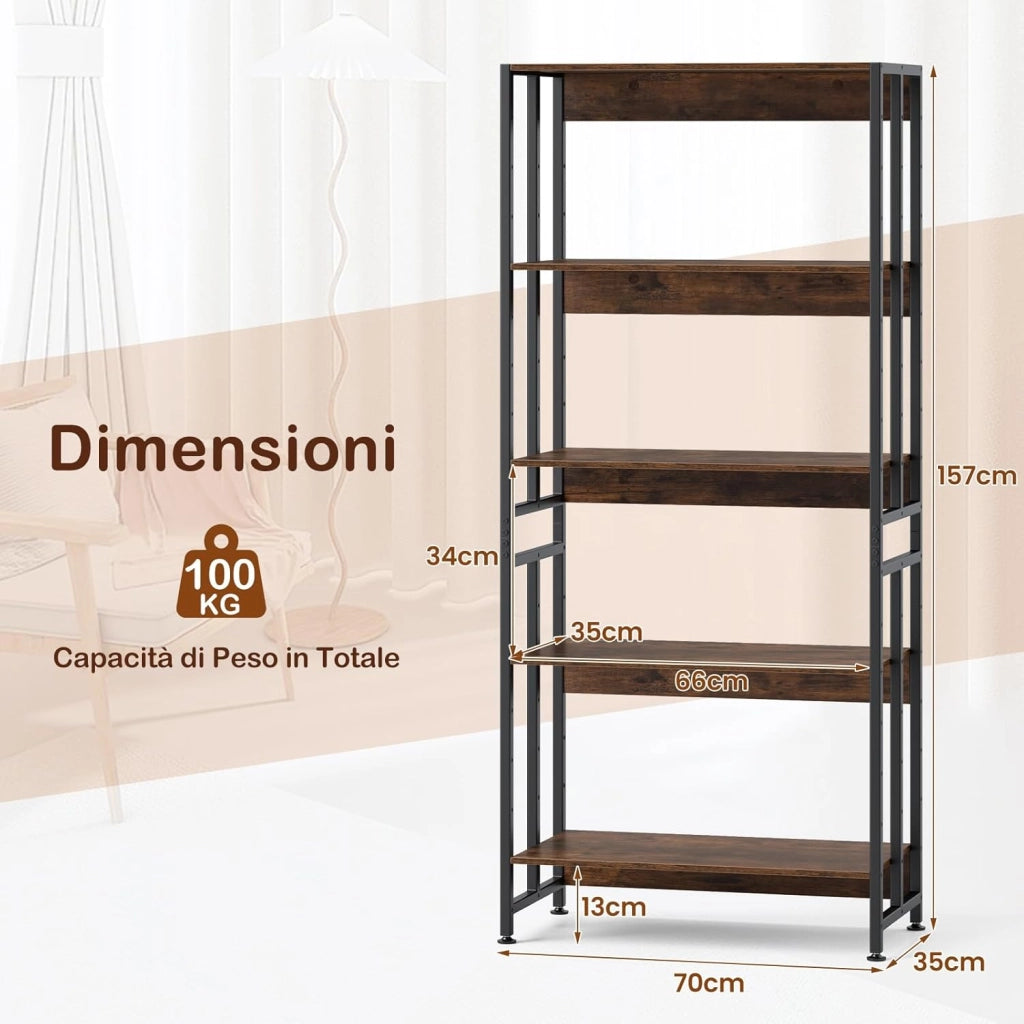 Libreria Aperta a 5 Ripiani Regolabili e Inclinabili, Scaffale Salvaspazio in Legno, Scaffale Portaoggetti Espositivo per Camera da Letto, Soggiorno e Cucina, 70 x 35 x 157 cm, Marrone Rustico