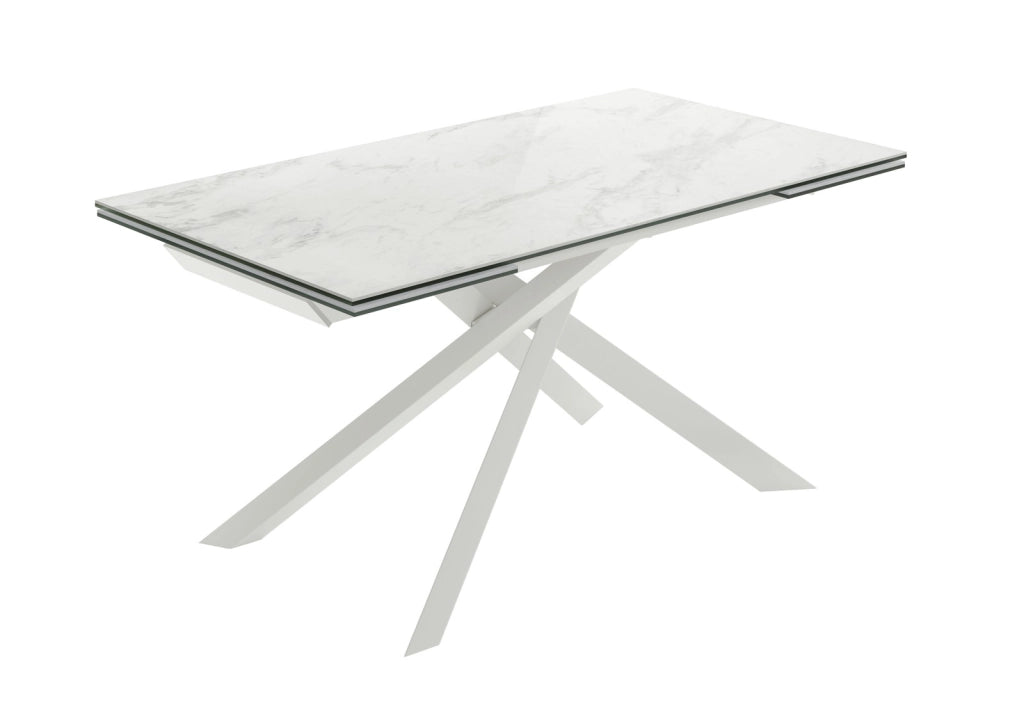 Tavolo Allungabile Cross 160-240x90 cm, Top in Ceramica Marmo Calacatta Lucido, Struttura in Metallo Bianco - Design Moderno Esclusivo