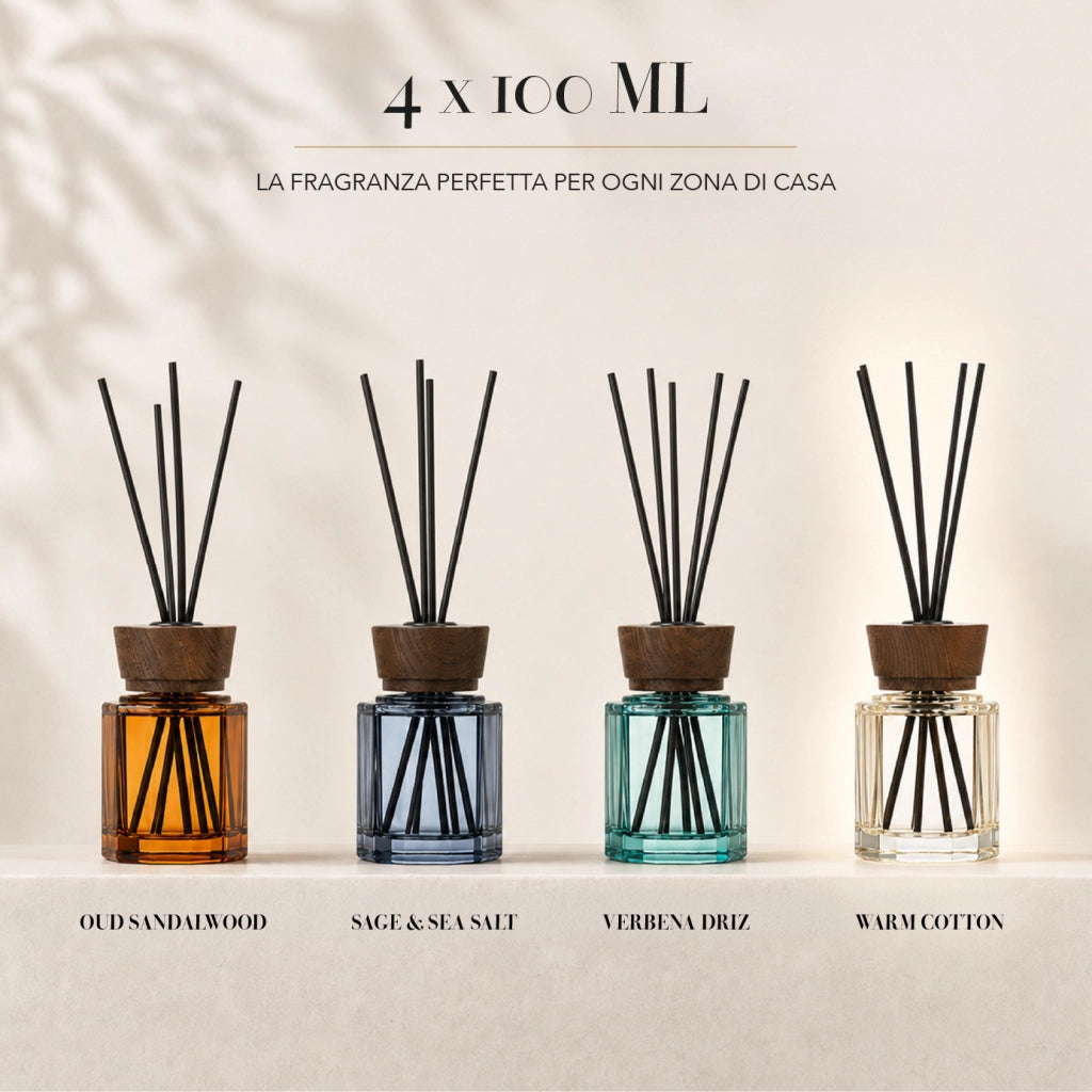 Set 4 Pezzi Diffusori Ambiente con Bastoncini Profumatori Casa 4 Fragranze 100 ml o 200 ml  100 ml