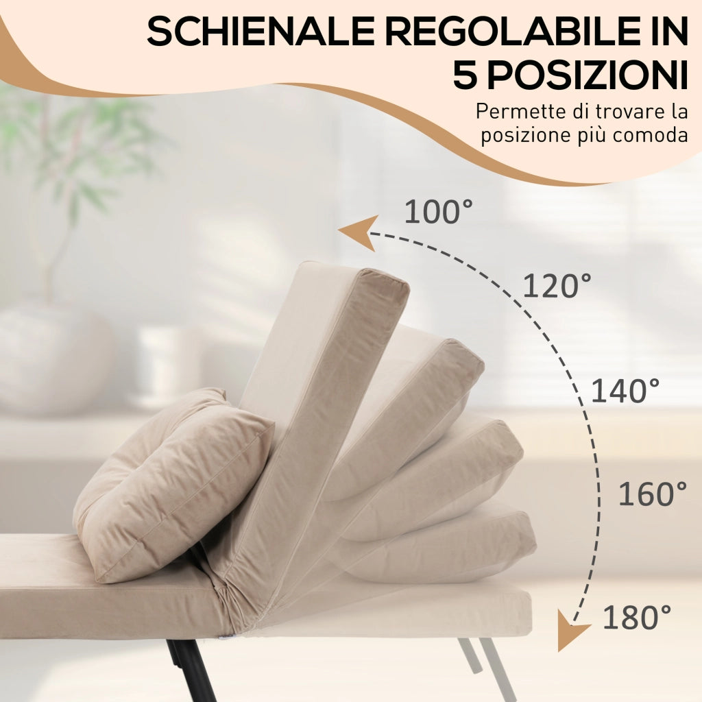 Poltrona Letto 3 in 1 con Schienale Reclinabile ¨C Xylo ¨C Tessuto Velluto Beige 63x73x81 cm