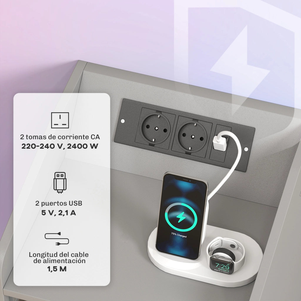 Comodino con LED RGB, stazione di ricarica USB, cassetto e controllo remoto ¨C zephmum ¨C grigio, 40x40x58 cm