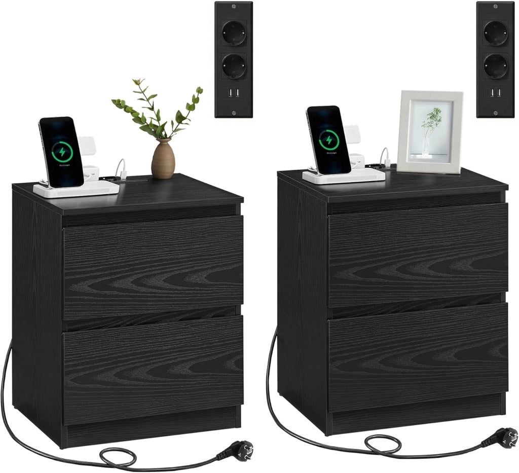 VASAGLE KAILYN Collezione - Comodini con Ciabatta Elettrica, Set di 2 Tavolini, 2 Cassetti, 2 Prese AC, 2 Porte USB-A, Soggiorno Camera da Letto, Moderno, Nero Ebano LET821B02