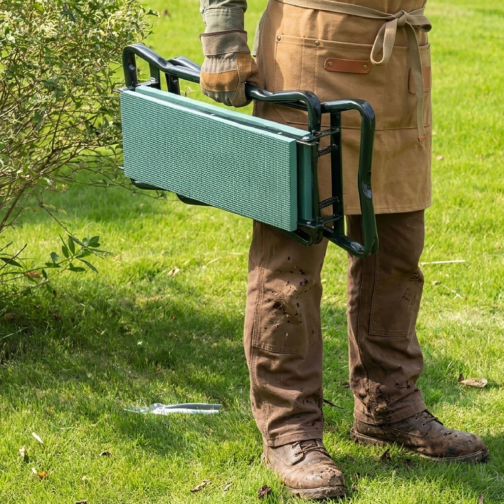 Sgabello Inginocchiatoio da Giardino Pieghevole con Tasche Porta Attrezzi, Ginocchiera Seduta Imbottita Multiuso, Struttura in Metallo Robusta, Supporto per Giardinaggio Ergonomic