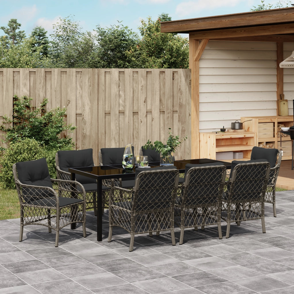 Set di 9 Pezzi per Pranzo da Giardino con Cuscini Grigio Polyrattan