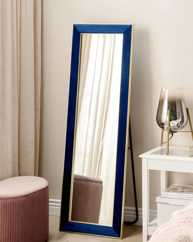 Specchio da terra in velluto blu 50 x 150 cm cornice decorativa con supporto glamour da terra sospeso per armadio camera da letto soggiorno