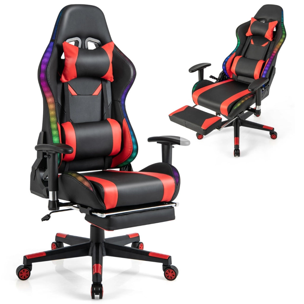 Sedia da gioco con luci RGB LED altezza regolabile poggiapiedi estraibile, Sedia da ufficio ergonomica Rosso-Sedie gaming