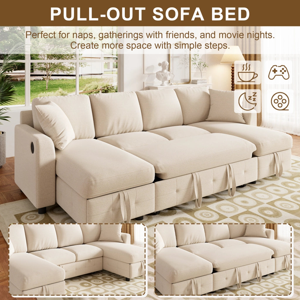 Divano angolare convertibile in ciniglia con letto estraibile e contenitore, USB, Type-C beige 260 × 128 × 82 cm