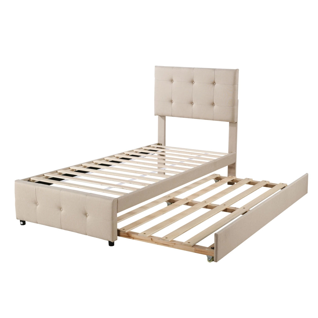 Letto Singolo Imbottito Estraibile ¨C MINIMAL ¨C Testiera Regolabile, Tessuto Beige, 90x200