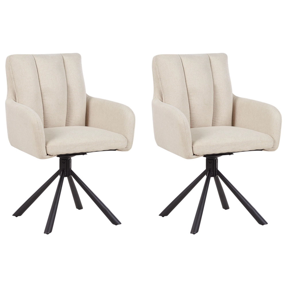 Set di 2 sedie girevoli da pranzo in tessuto beige con braccioli Schienale trapuntato Gambe in metallo nero Retro