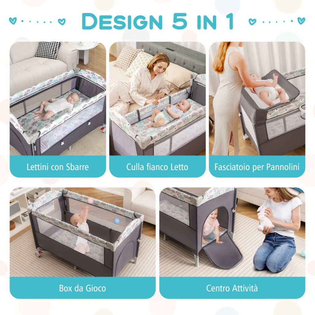 Lettino per bambini con materasso fasciatoio carillon e 3 giocattoli appesi, Box multiuso 5 in 1 Grigio scuro-Culle