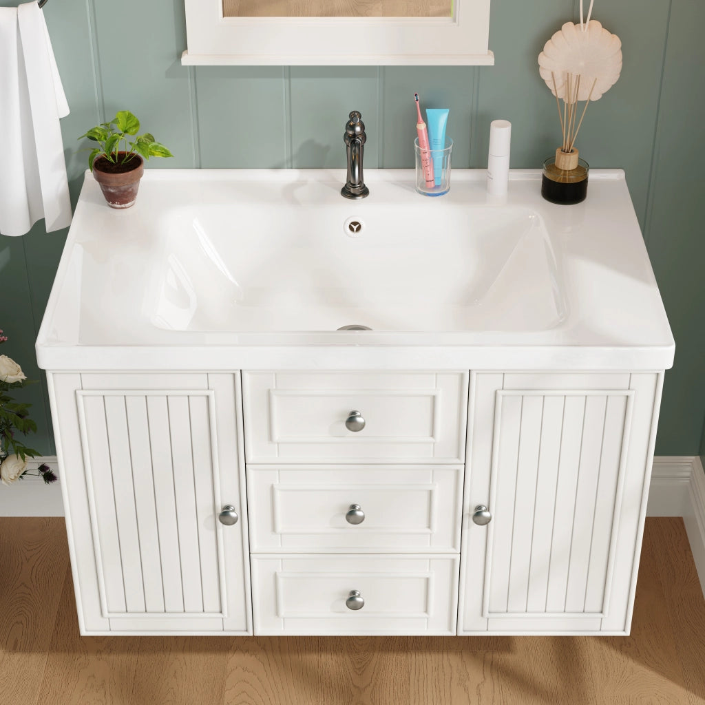 Mobile sottolavabo sospeso con lavabo in ceramica e 2 cassetti, in MDF e metallo, bianco, 78,5 × 46 × 46,8 cm