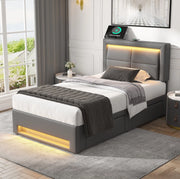 Letto imbottito 90x190 cm con USB; LED e 4 cassetti; PU grigio