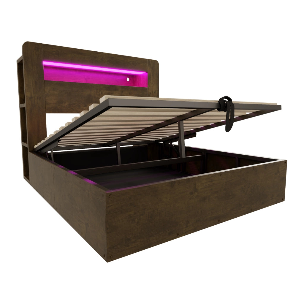 Letto contenitore 140 × 200 cm con sollevamento idraulico, LED, prese integrate e ripiani, senza materasso, legno