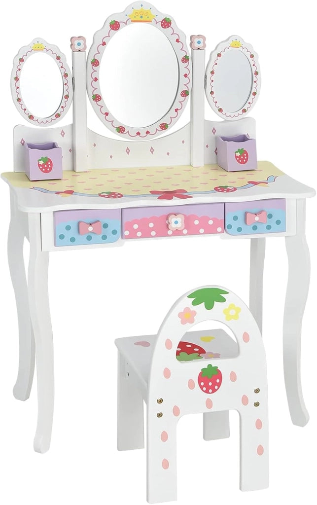 Toeletta Trucco 2 in 1 per Bambina, Specchiera Staccabile con Sedia, 3 Cassetti e 2 Portapenne, Postazione Trucco per Cameretta in Legno, 70 x 34 x 105cm (Bianco)