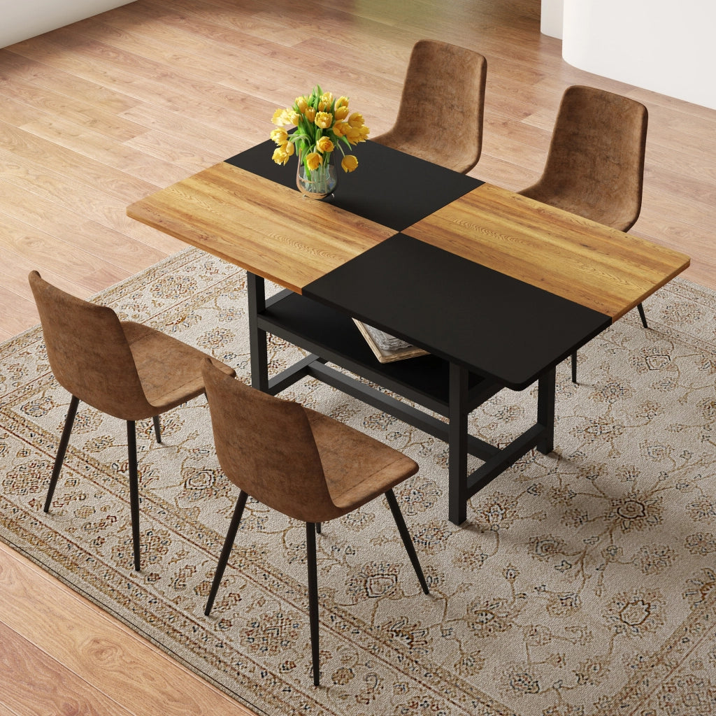 Tavolo da pranzo per 4 persone con ripiano contenitore e 4 sedie stile moderno in MDF e metallo marrone nero 160 cm