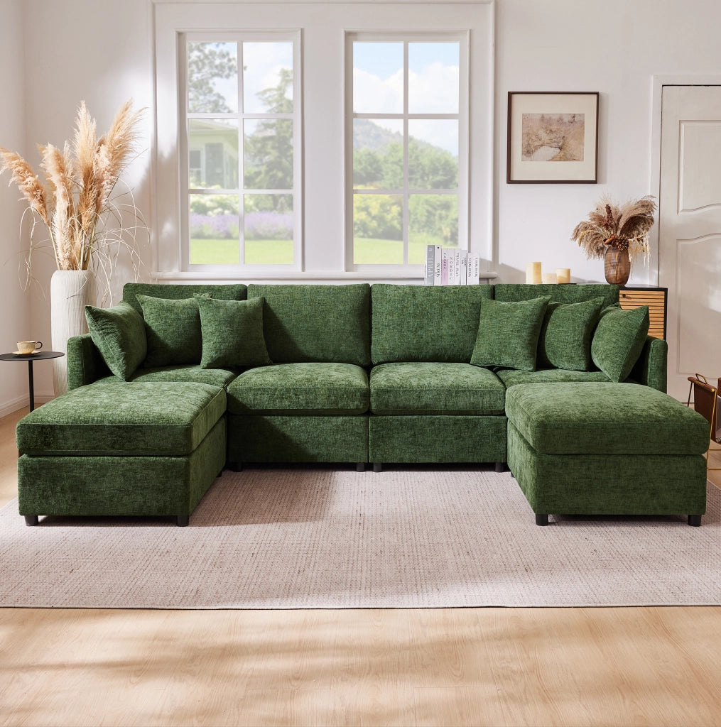 Divano modulare 4-6 posti 278x161 cm in chenille verde con 2 pouf e 6 cuscini HOMVRA