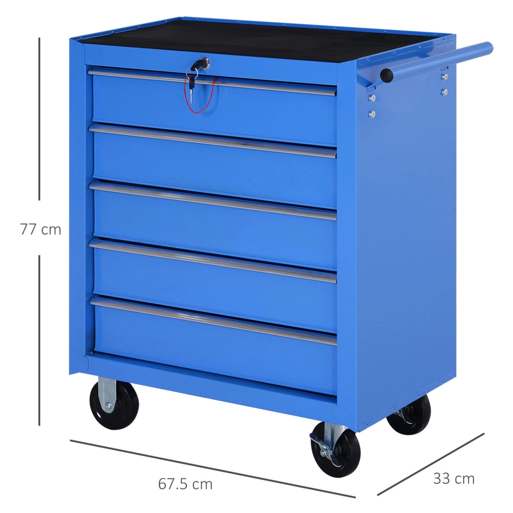 Carrello porta utensili con 5 cassetti, struttura in acciaio, blu