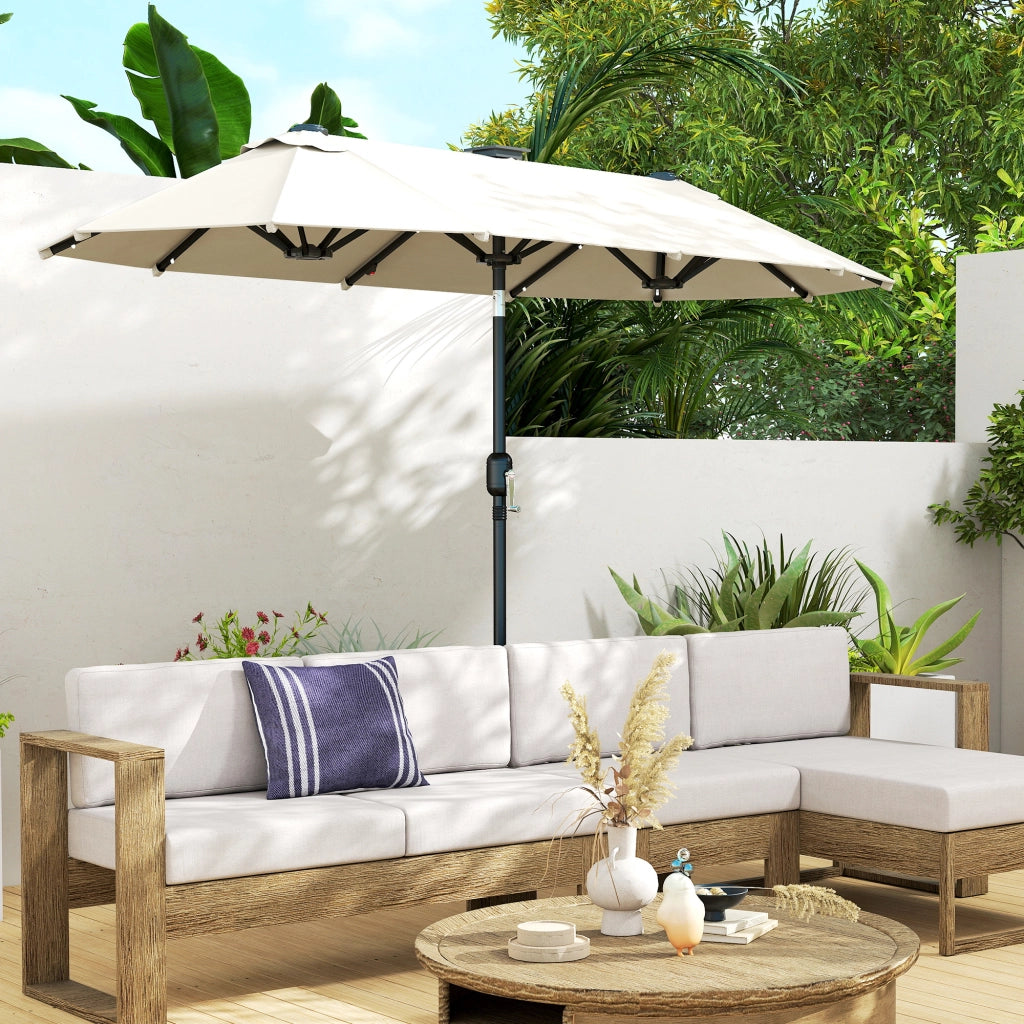 Ombrellone Doppio 292x150x220 cm con Luci LED e Manovella in Poliestere e Acciaio Beige