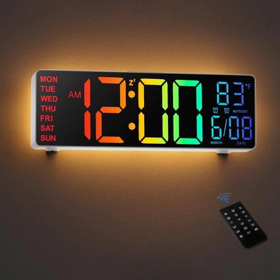 Cronometro Digitale per Parete - 10,5" Grande Orologio per Parete con Visualizzazione Temperatura, Data e Giorno, RGB Colori, Dimmer di Brillantezza Automatico, Luci da Notte, LED 24/12 Ore per Ufficio, Camera da Letto