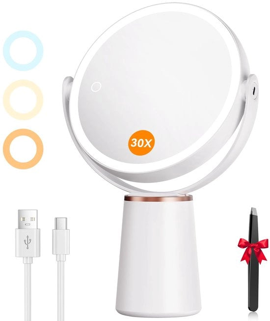 Specchio cosmetico con illuminazione 30X/1X ingrandimento, specchio trucco 3 colori di illuminazione USB caricabile, specchio ingrandente con illuminazione tocco regolabile, specchio da tavolo 360° girevole per la zona della testa
