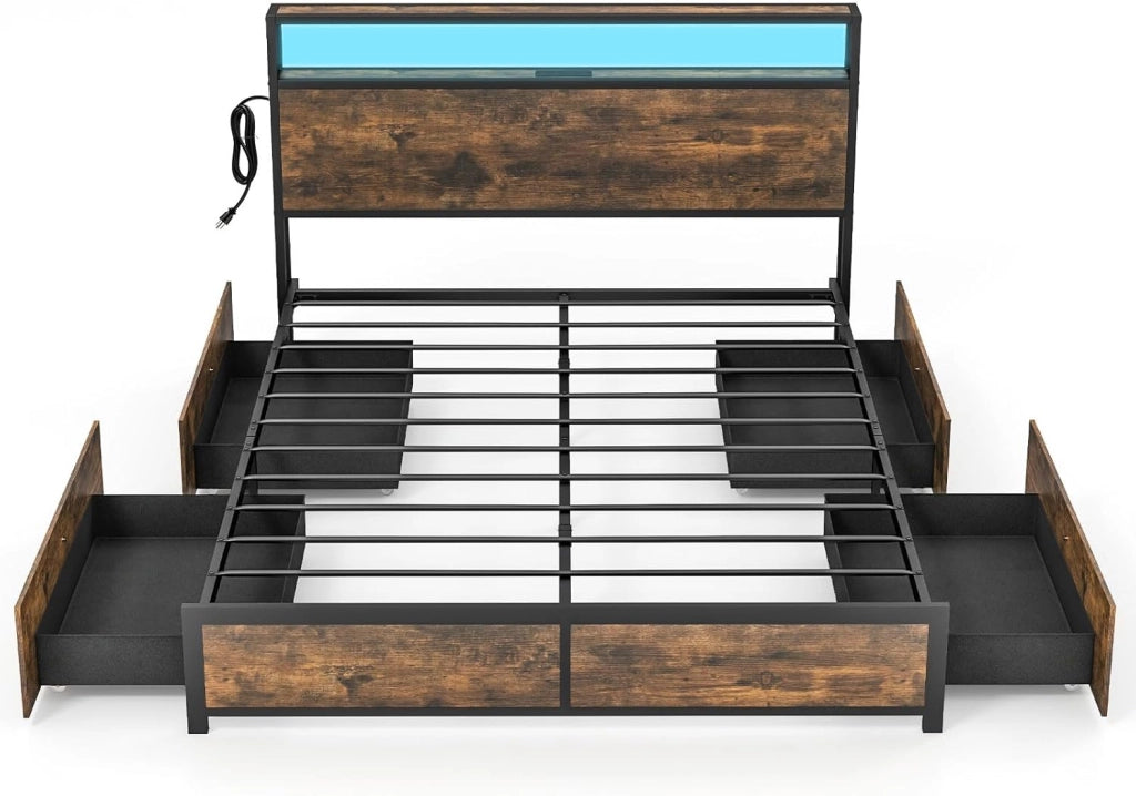 Struttura letto 160 x 200 cm con LED, telaio in metallo, letto con stazione di ricarica, letto per armadio, 4 cassetti da pavimento, letto matrimoniale con testiera e rete a doghe, telaio del