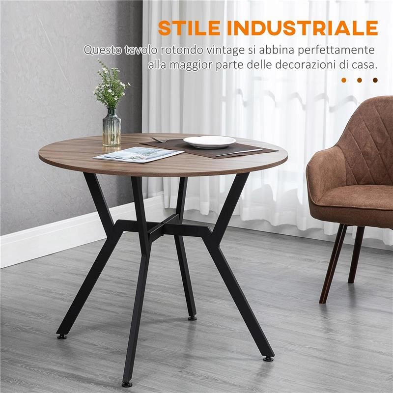 TAVOLO ROTONDO DA SOGGIORNO PER 2 PERSONE CON SOSTEGNO A X, IN LEGNO E ACCIAIO,Ø90 X 76AH CM, NERO E MARRONE