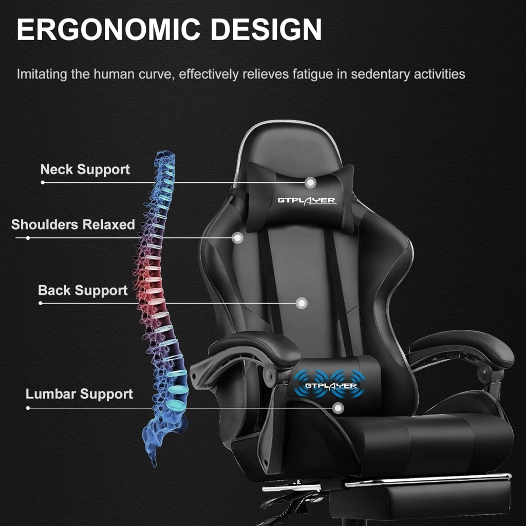 Sedia da Gaming, Ergonomico Sedia da Ufficio, con Massaggiante poggiapiedi e supporto lombare, Schienale Regolabile 90-135°, Portata 150 kg, sedia per computer, Nero