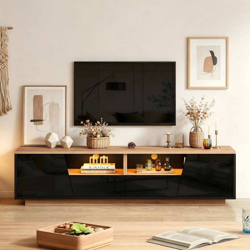 Mobile porta TV con LED 2 ante 2 cassetti e 2 vani semiaperti frontale lucido per soggiorno nero 180 × 40 × 46 cm