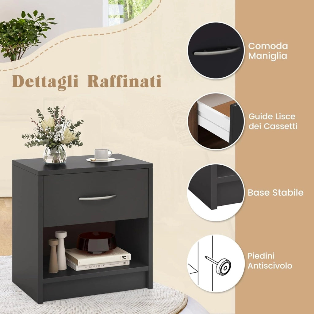 COSTWAY Comodino 38,5 x 28 x 40,5cm in Legno, Tavolino Salvaspazio con Scomparto Aperto e Casseto per Soggiorno e Camera da Letto (Grigio)