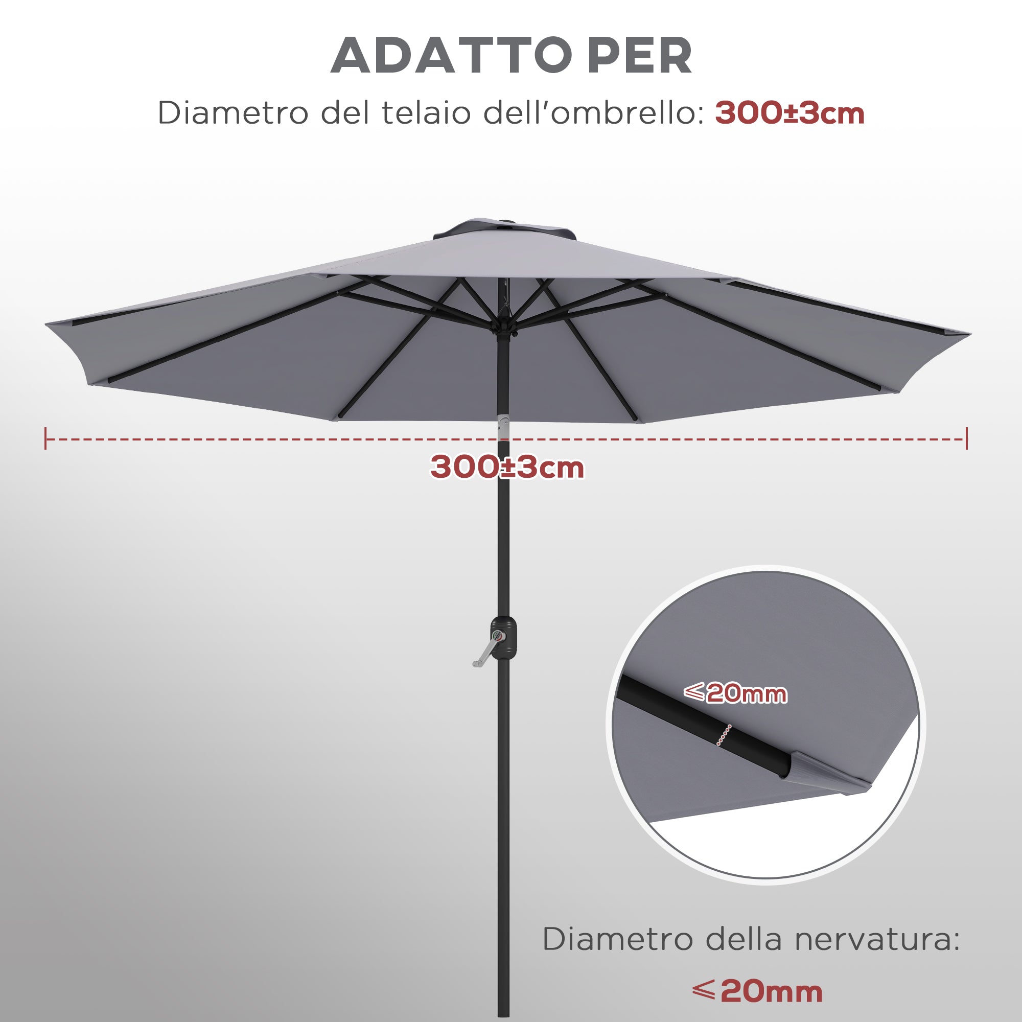Telo per Ombrellone da Ø295 cm 8 Stecche Palo Centrale o Laterale Resistente all'Acqua Grigio