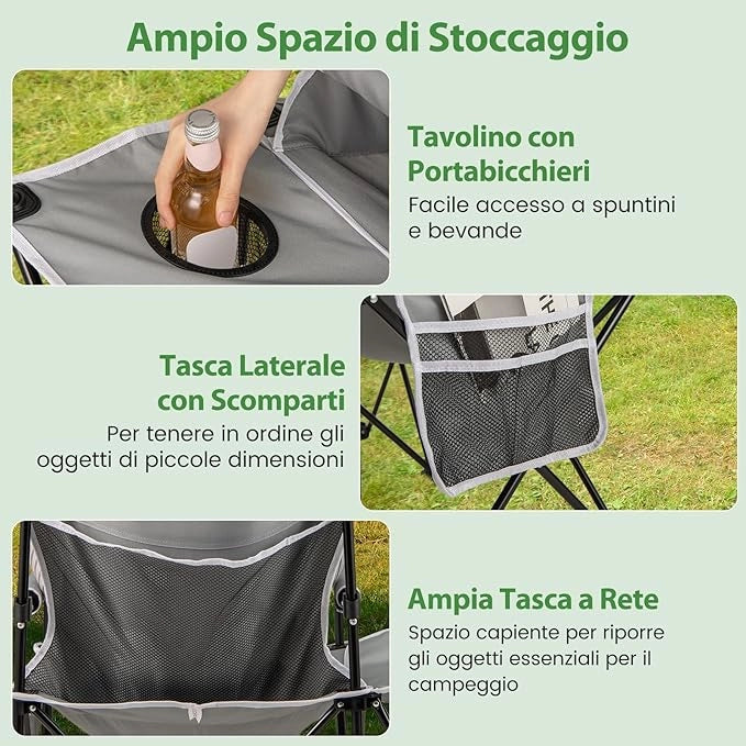 Sedia da Campeggio con Tavolino Laterale, Sedia da Picnic Pieghevole con 2 Tasche, Portabicchieri, Braccioli Imbottiti, Borsa da Trasporto, Portata 150 kg (Grigio)