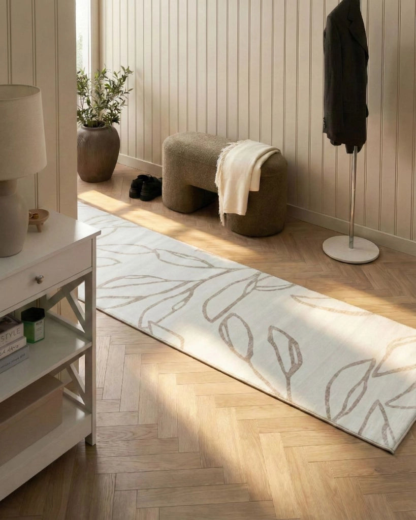 Tappeto tessuto beige chiaro 80 x 300 cm Moderno motivo foglie Soggiorno Camera da letto Per riscaldamento a pavimento Fondo antiscivolo A pelo corto
