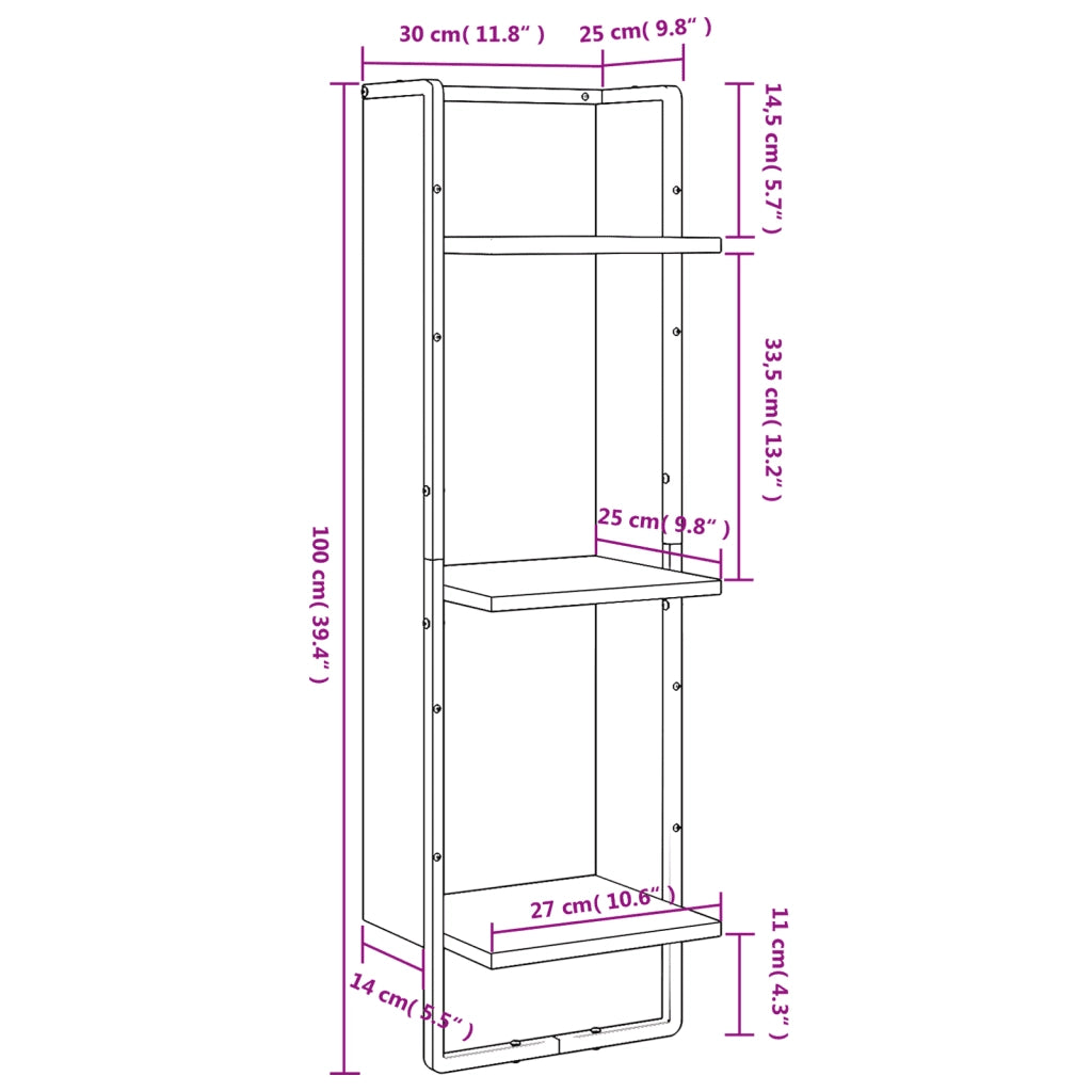 Scaffale a parete | Ripiano a parete | Mensola a parete 3 Ripiani Rovere Fumo 30x25x100cm Multistrato