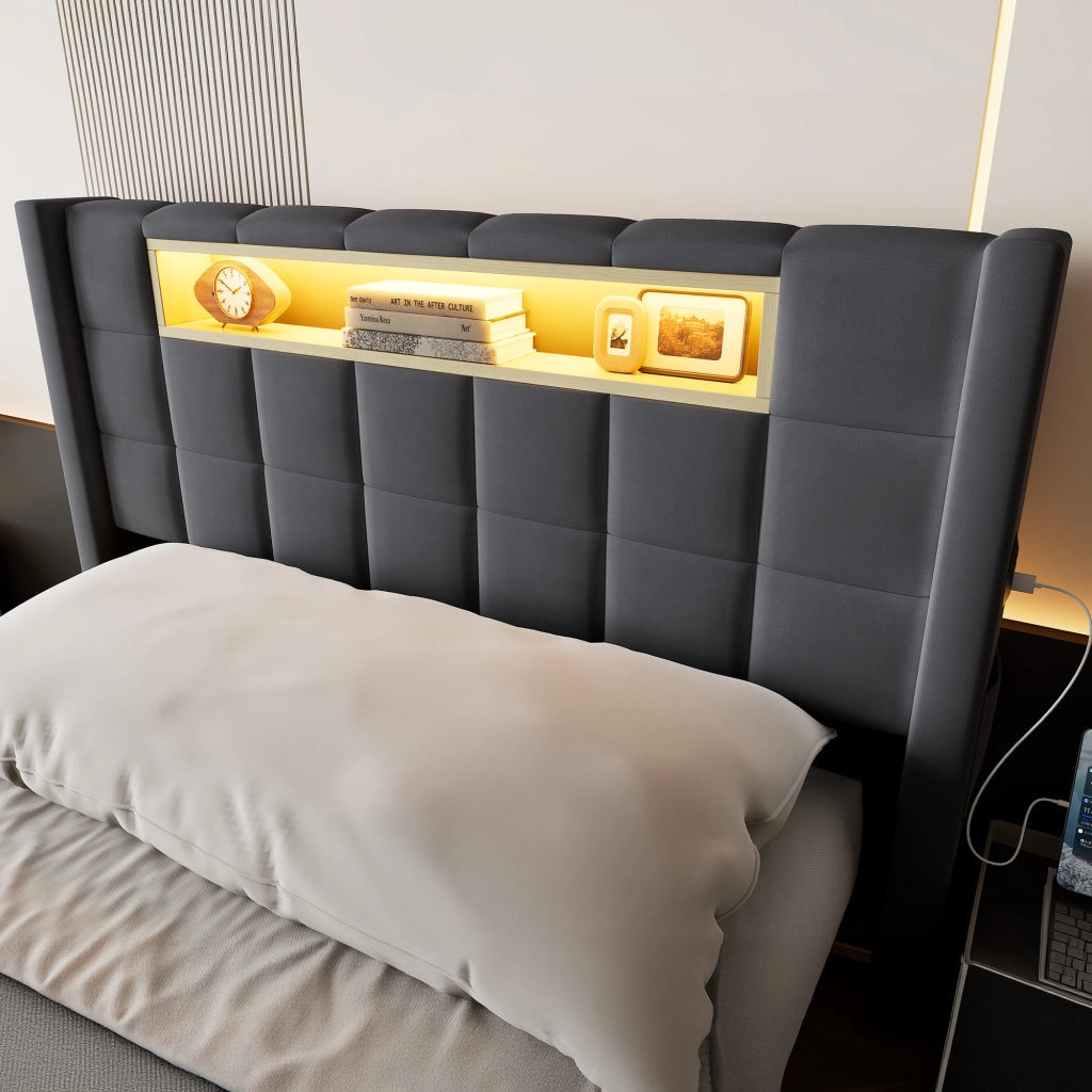 Letto singolo imbottito 90 x 200 cm in velluto grigio con contenitore idraulico, LED e porte USB/Type-C