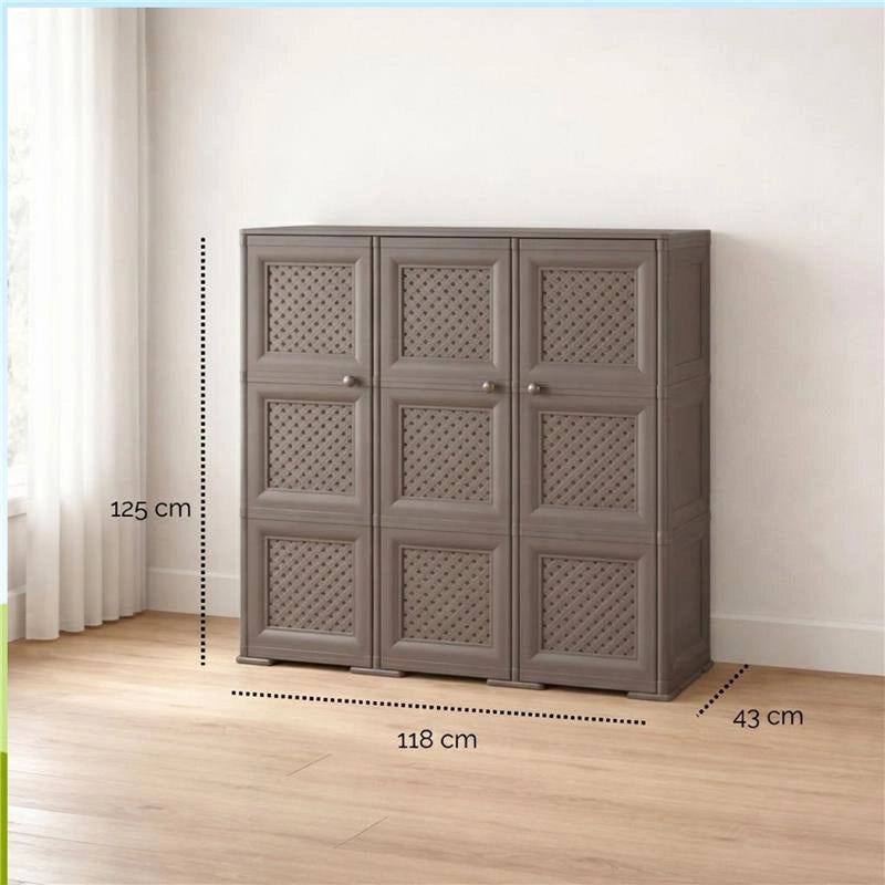 ARMADIO 3 ANTE WENGÉ 118X43X125 CM CON PUNTALI E ANTE TRAFORATE – CONTENITORE VERTICALE SALVASPAZIO PER ZONA LIVING