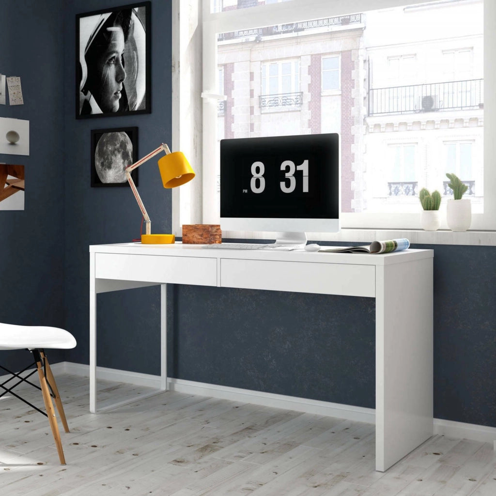 Scrivania Cerere, Scrittoio reversibile da ufficio, Tavolo da studio porta PC con 2 cassetti, cm 138x50h75, Bianco opaco