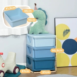 Mobile contenitore per bambini con 3 cassetti estraibili in plastica blu 37x37x56,5 cm