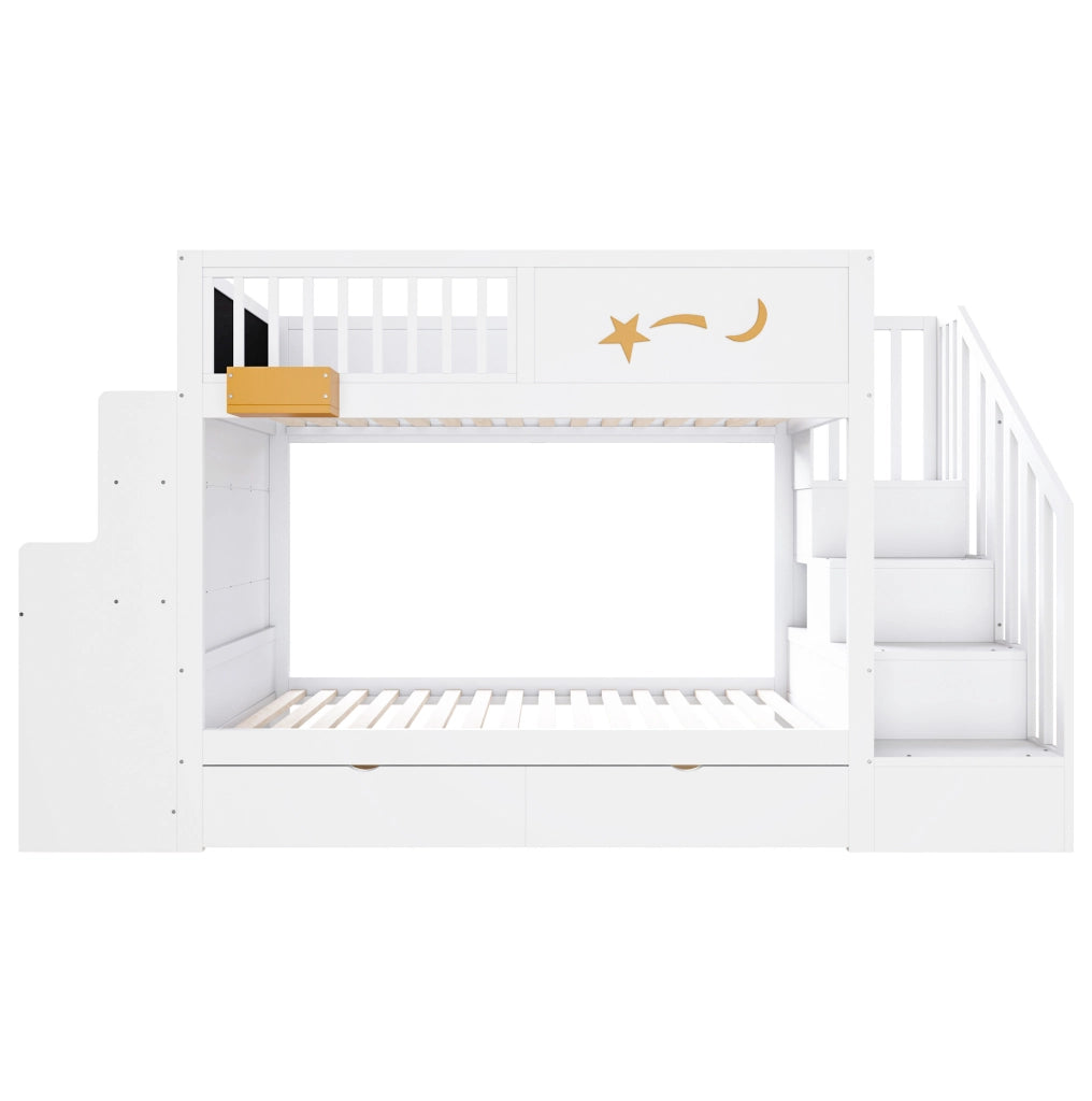 Letto a castello per bambini 90x200 cm in legno di pino bianco con scrivania; scala e cassetti
