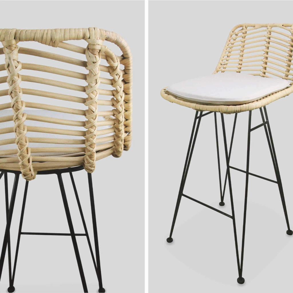 Set di 2 sgabelli da bar in metallo e rattan, 67cm, beige